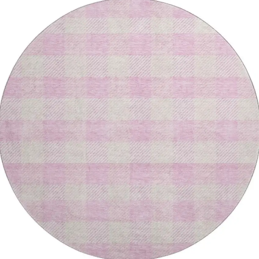 8' Pink And Ivory Plaid Washable Round Rug With UV Protection Photo 2