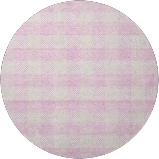 8' Pink And Ivory Plaid Washable Round Rug With UV Protection Photo 3