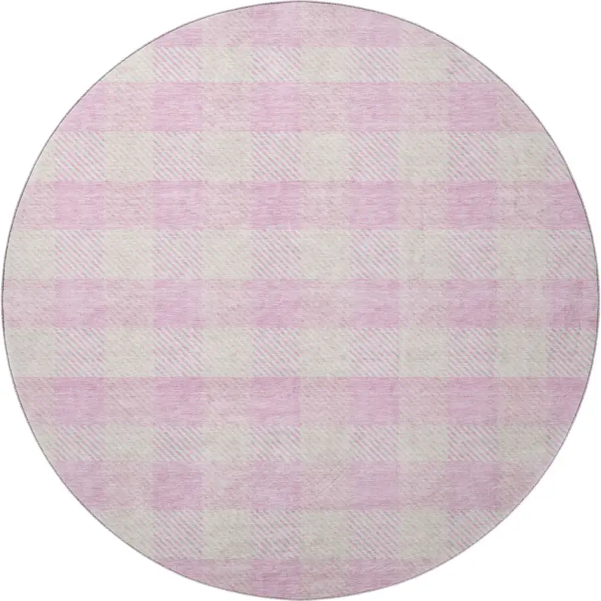 8' Pink And Ivory Plaid Washable Round Rug With UV Protection Photo 3