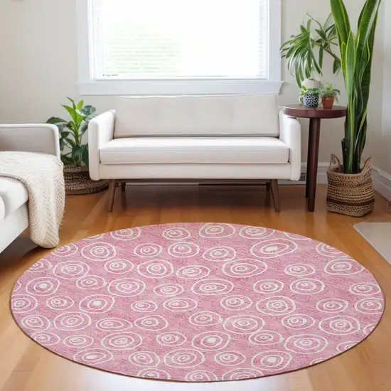 8' Pink And Ivory Polka Dot Washable Round Rug With UV Protection Photo 5