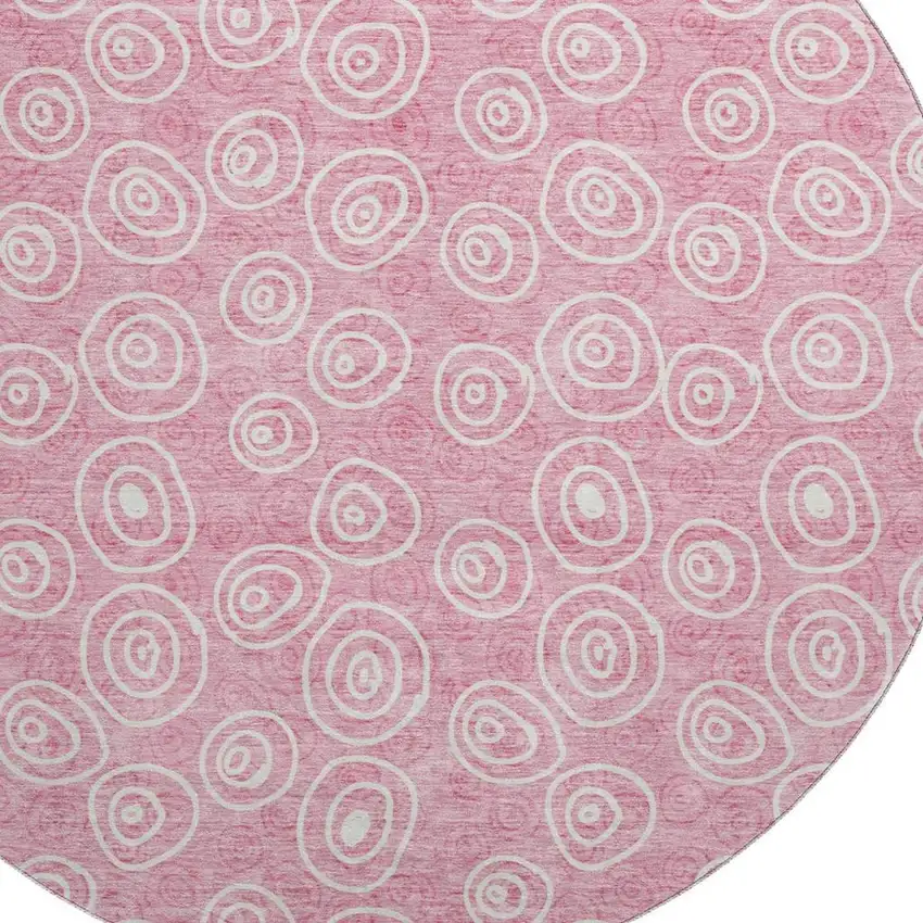 8' Pink And Ivory Polka Dot Washable Round Rug With UV Protection Photo 3