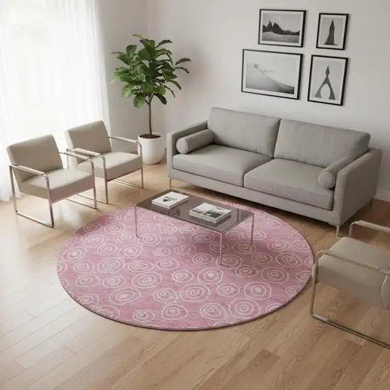 8' Pink And Ivory Polka Dot Washable Round Rug With UV Protection Photo 2