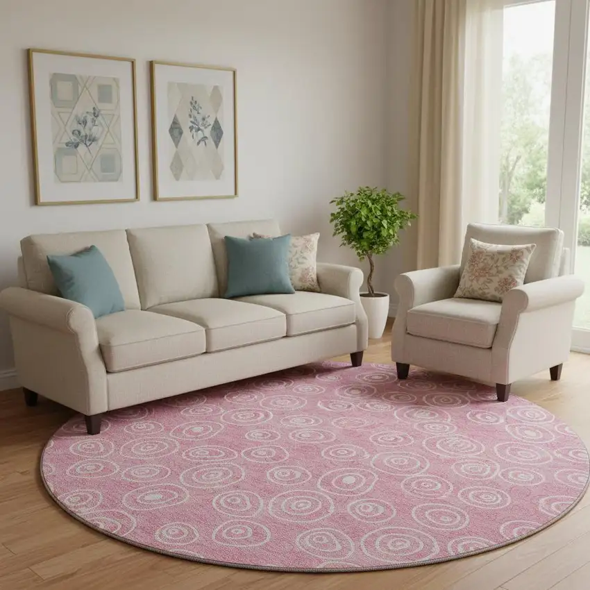 8' Pink And Ivory Polka Dot Washable Round Rug With UV Protection Photo 1