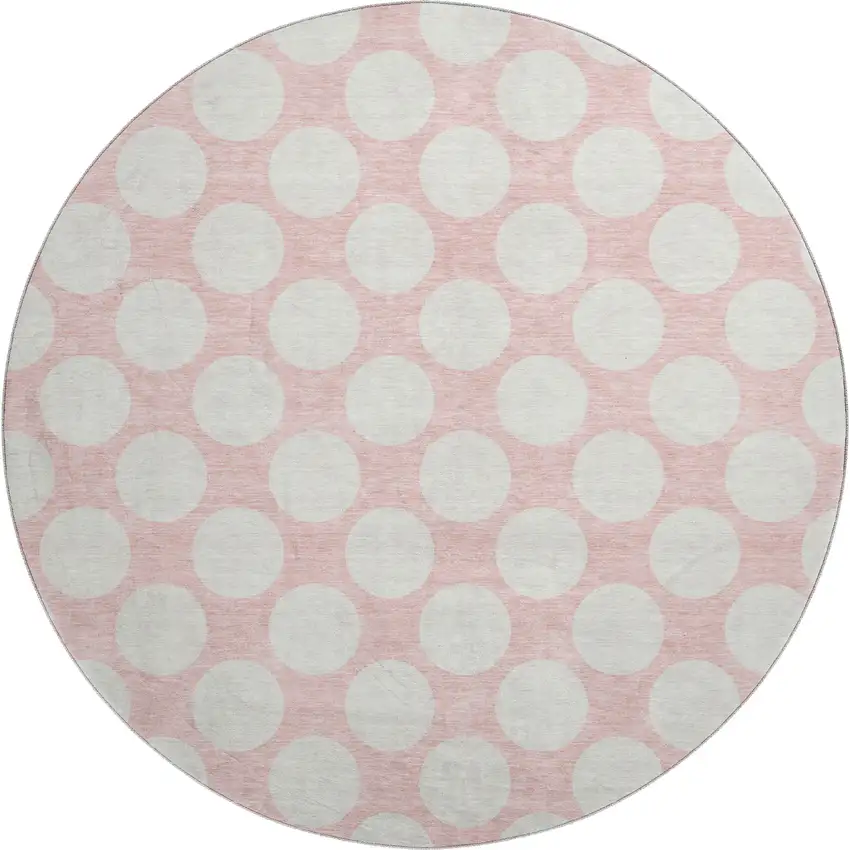 8' Pink And Ivory Polka Dot Washable Round Rug With UV Protection Photo 1