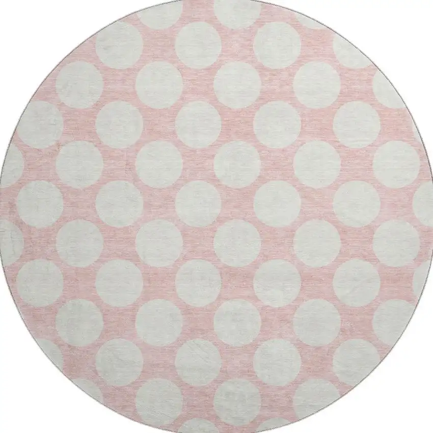 8' Pink And Ivory Polka Dot Washable Round Rug With UV Protection Photo 3