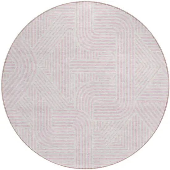 8' Pink And Ivory Round Abstract Washable Indoor Outdoor Area Rug Photo 2