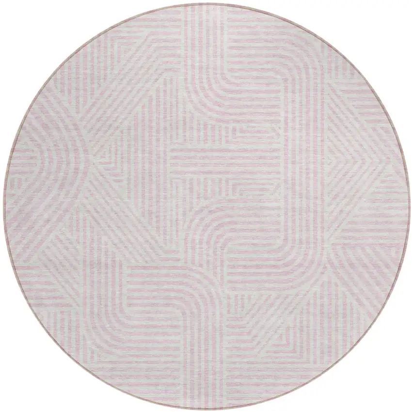 8' Pink And Ivory Round Abstract Washable Indoor Outdoor Area Rug Photo 2