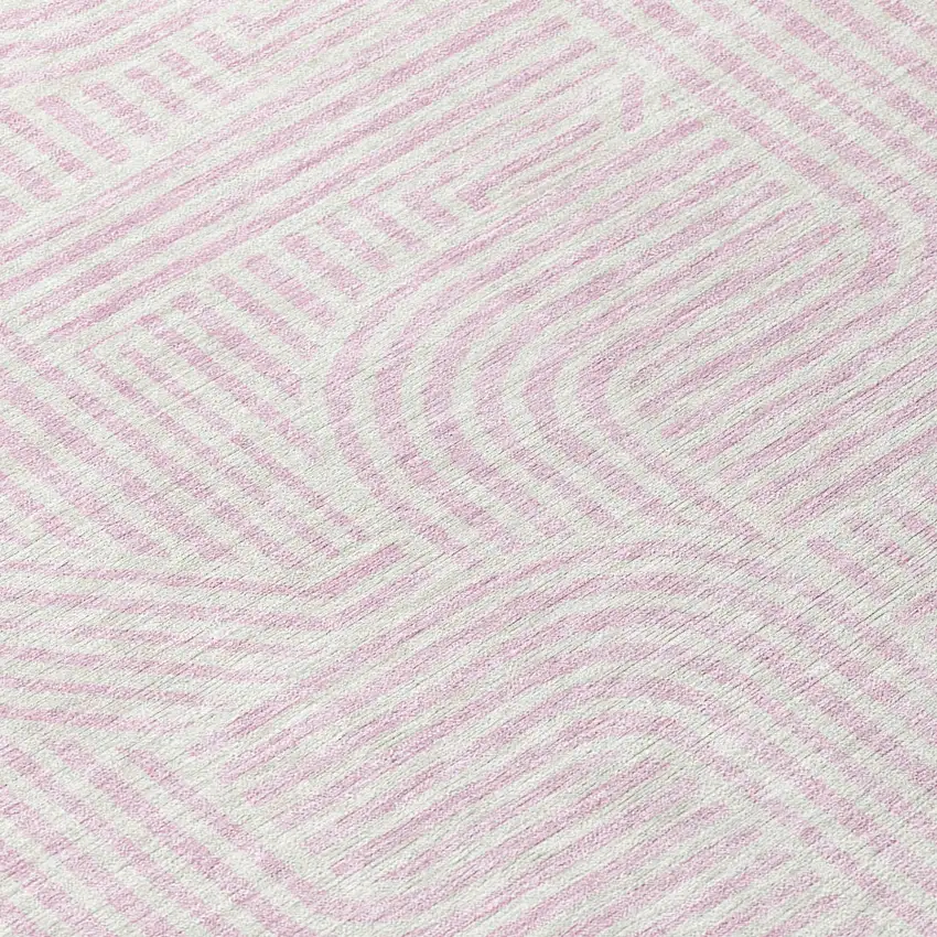 8' Pink And Ivory Round Abstract Washable Indoor Outdoor Area Rug Photo 7
