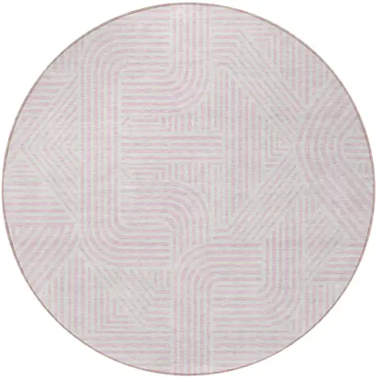 8' Pink And Ivory Round Abstract Washable Indoor Outdoor Area Rug Photo 4
