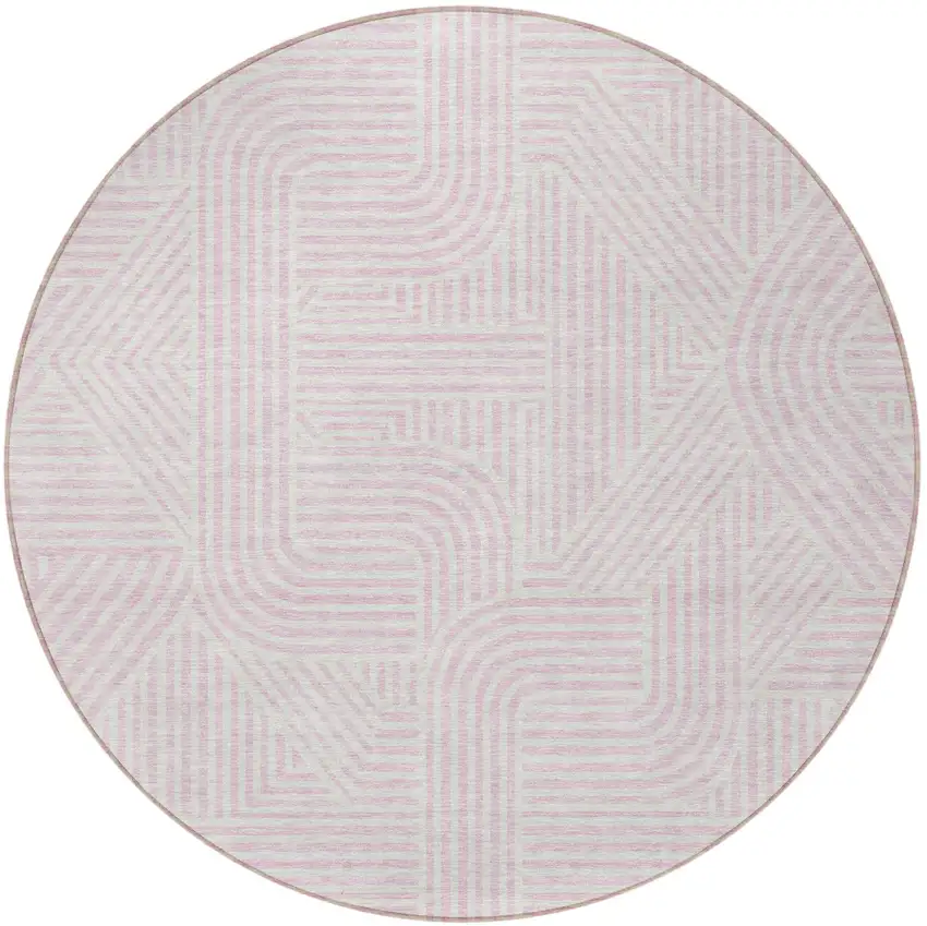 8' Pink And Ivory Round Abstract Washable Indoor Outdoor Area Rug Photo 4
