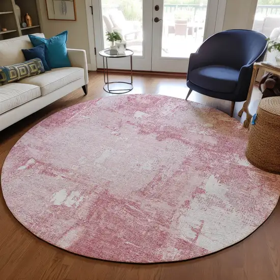8' Pink And Ivory Round Abstract Washable Indoor Outdoor Area Rug Photo 7