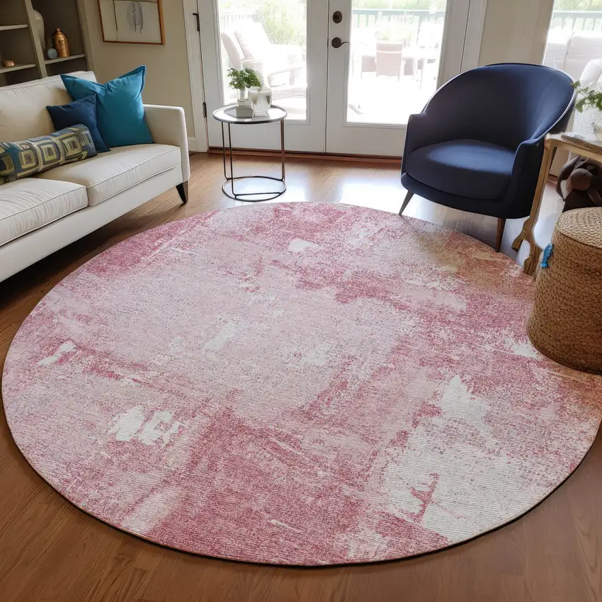 8' Pink And Ivory Round Abstract Washable Indoor Outdoor Area Rug Photo 7