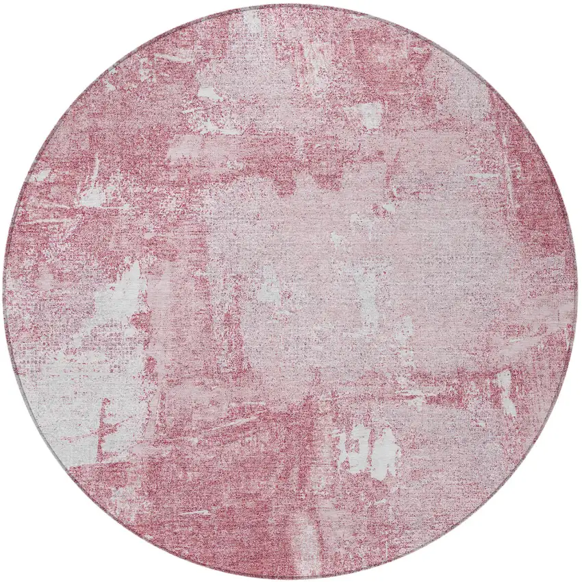 8' Pink And Ivory Round Abstract Washable Indoor Outdoor Area Rug Photo 5