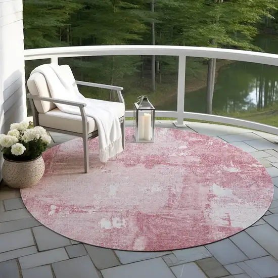 8' Pink And Ivory Round Abstract Washable Indoor Outdoor Area Rug Photo 6