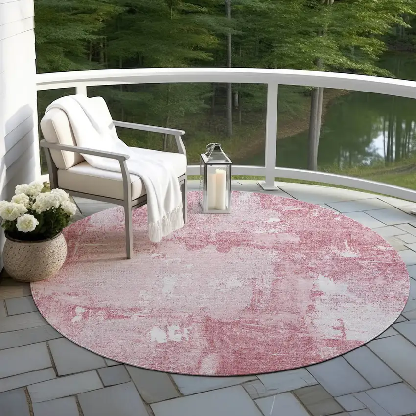 8' Pink And Ivory Round Abstract Washable Indoor Outdoor Area Rug Photo 6
