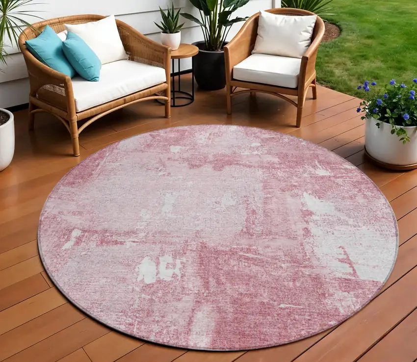 8' Pink And Ivory Round Abstract Washable Indoor Outdoor Area Rug Photo 1