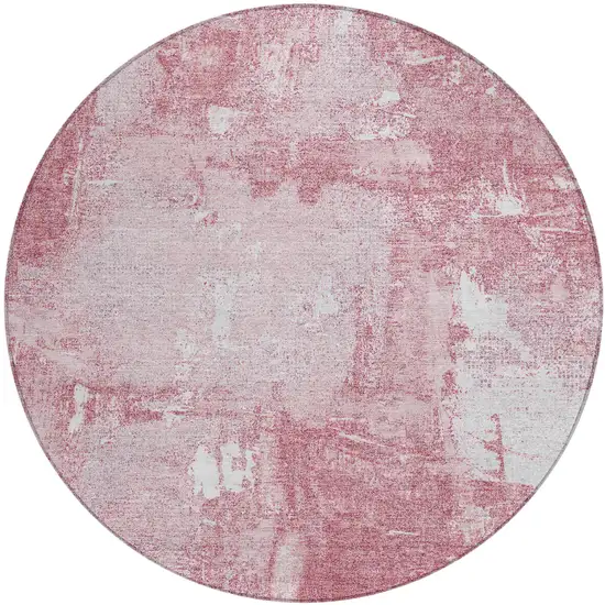 8' Pink And Ivory Round Abstract Washable Indoor Outdoor Area Rug Photo 2