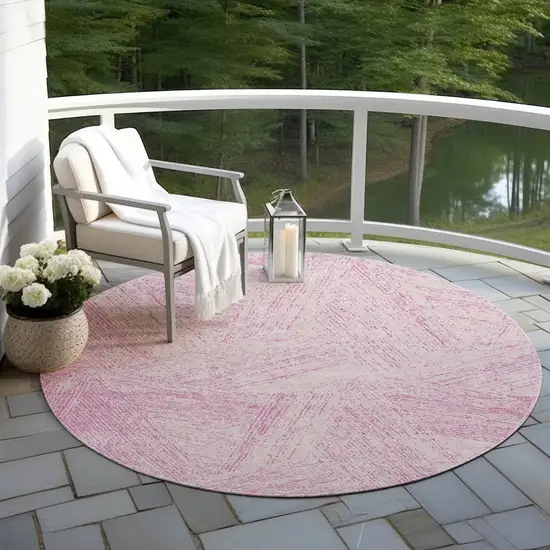 8' Pink And Ivory Round Abstract Washable Indoor Outdoor Area Rug Photo 6