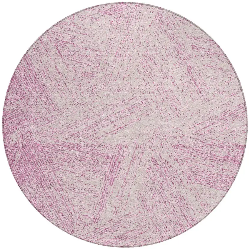 8' Pink And Ivory Round Abstract Washable Indoor Outdoor Area Rug Photo 5