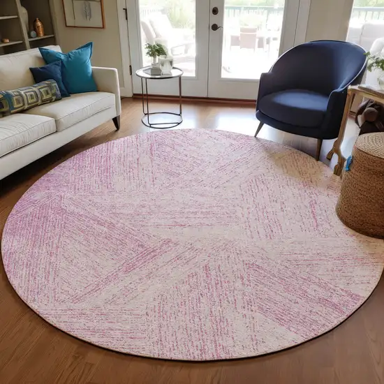 8' Pink And Ivory Round Abstract Washable Indoor Outdoor Area Rug Photo 7