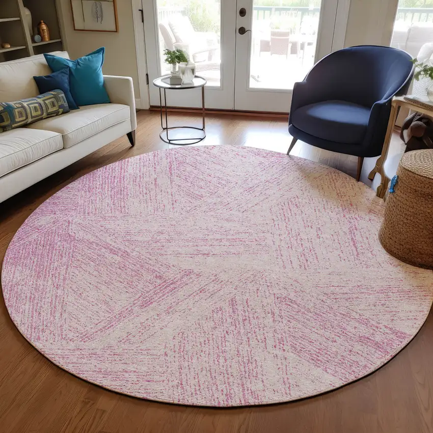 8' Pink And Ivory Round Abstract Washable Indoor Outdoor Area Rug Photo 7