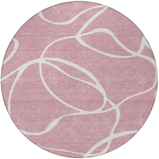 8' Pink And Ivory Round Abstract Washable Indoor Outdoor Area Rug Photo 6