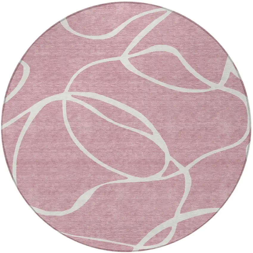 8' Pink And Ivory Round Abstract Washable Indoor Outdoor Area Rug Photo 6