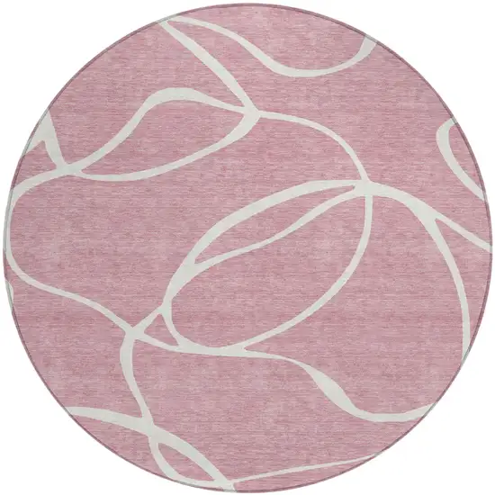 8' Pink And Ivory Round Abstract Washable Indoor Outdoor Area Rug Photo 2