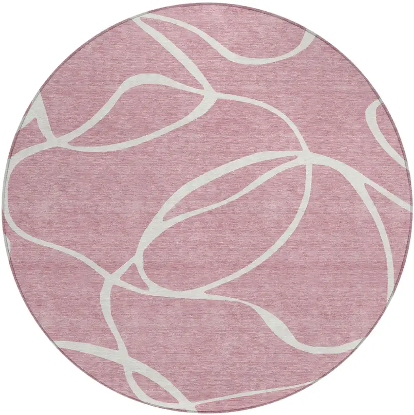 8' Pink And Ivory Round Abstract Washable Indoor Outdoor Area Rug Photo 2