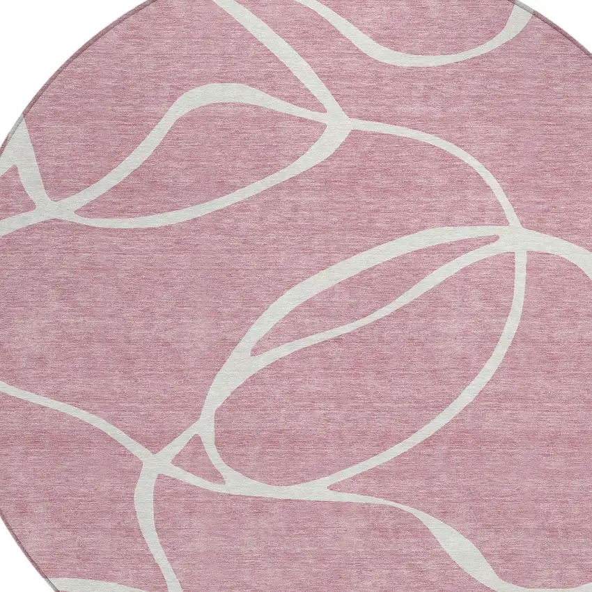 8' Pink And Ivory Round Abstract Washable Indoor Outdoor Area Rug Photo 5