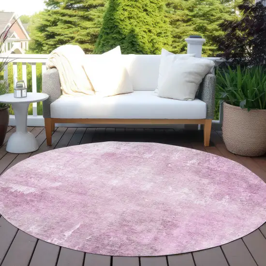 8' Pink And Ivory Round Abstract Washable Indoor Outdoor Area Rug Photo 5