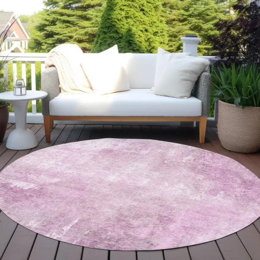 8' Pink And Ivory Round Abstract Washable Indoor Outdoor Area Rug Photo 5