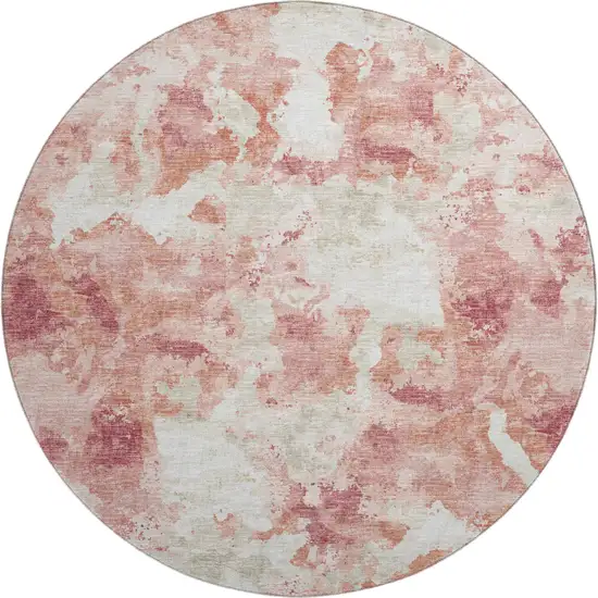 8' Pink And Ivory Round Abstract Washable Indoor Outdoor Area Rug Photo 2