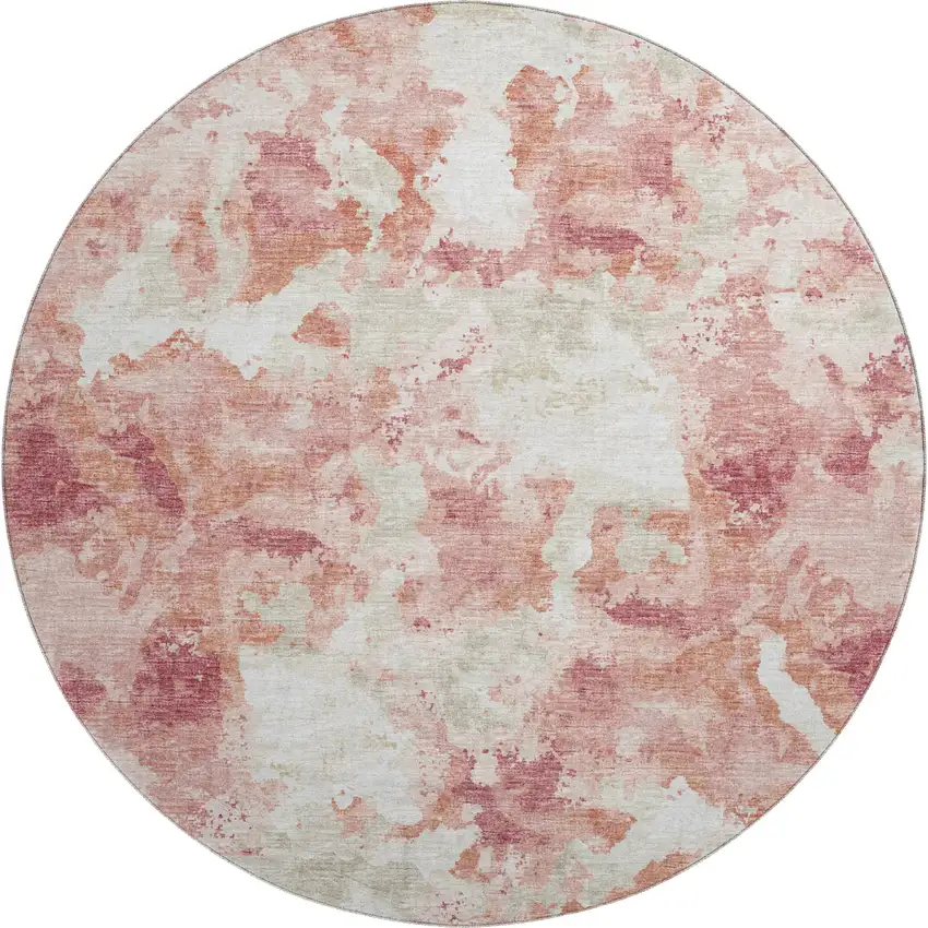 8' Pink And Ivory Round Abstract Washable Indoor Outdoor Area Rug Photo 2