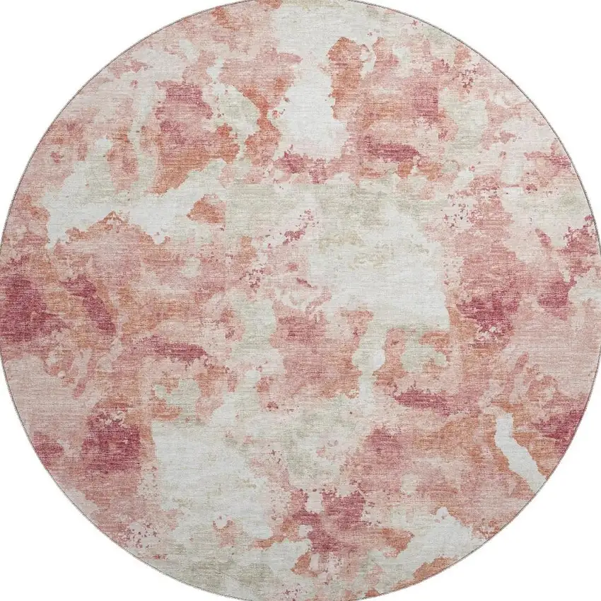 8' Pink And Ivory Round Abstract Washable Indoor Outdoor Area Rug Photo 4