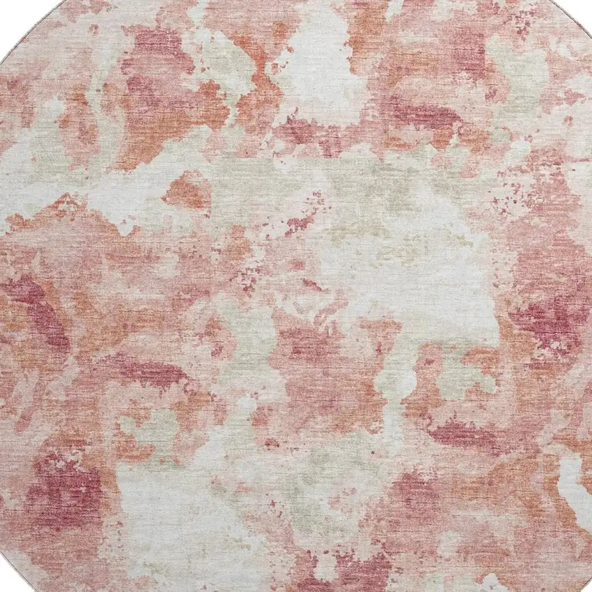 8' Pink And Ivory Round Abstract Washable Indoor Outdoor Area Rug Photo 5