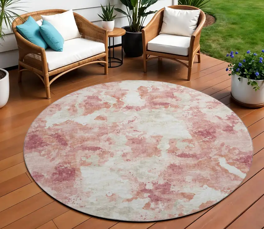 8' Pink And Ivory Round Abstract Washable Indoor Outdoor Area Rug Photo 1