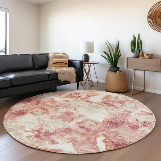8' Pink And Ivory Round Abstract Washable Indoor Outdoor Area Rug Photo 7