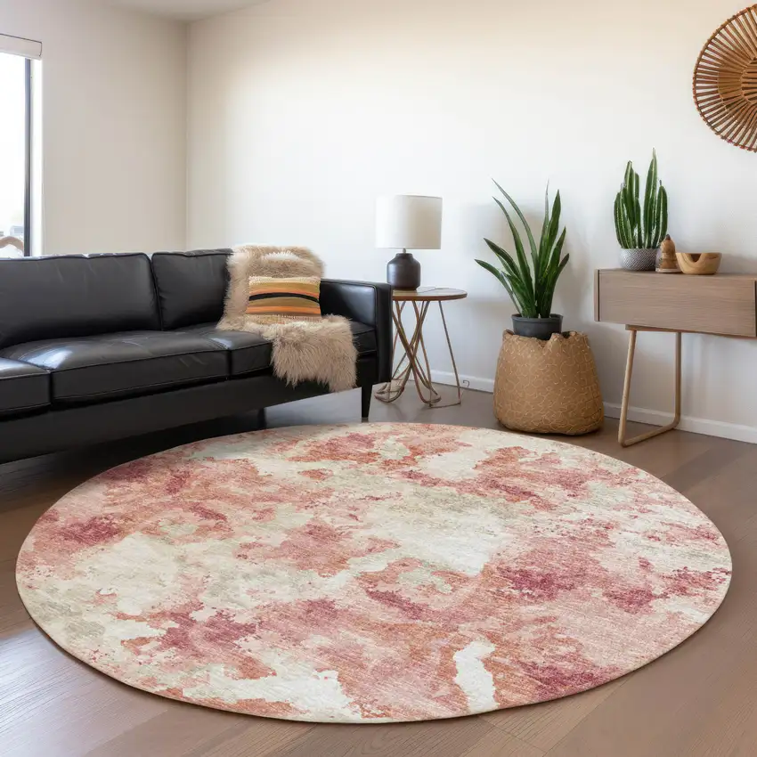 8' Pink And Ivory Round Abstract Washable Indoor Outdoor Area Rug Photo 7