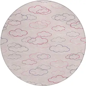 Photo of 8' Pink And Ivory Round Abstract Washable Indoor Outdoor Area Rug