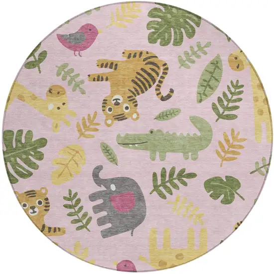 8' Pink And Ivory Round Abstract Washable Indoor Outdoor Area Rug Photo 1