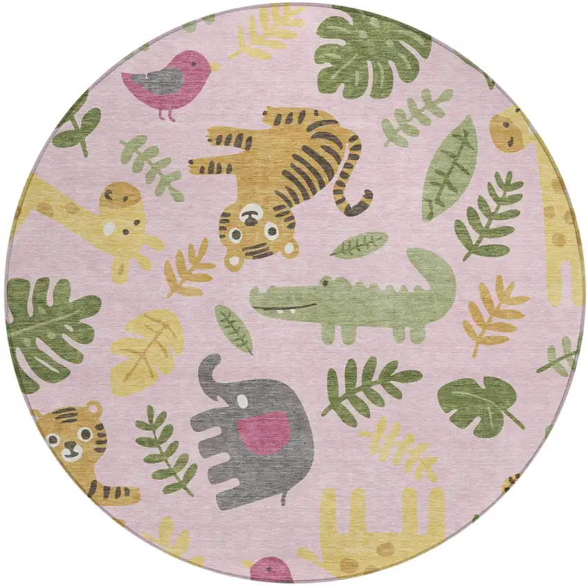 8' Pink And Ivory Round Abstract Washable Indoor Outdoor Area Rug Photo 1
