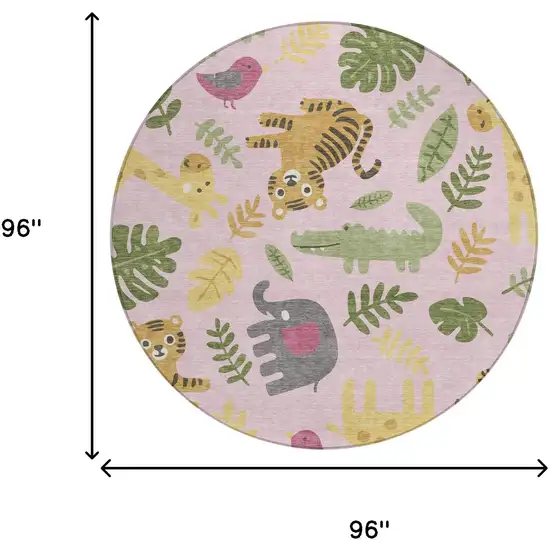 8' Pink And Ivory Round Abstract Washable Indoor Outdoor Area Rug Photo 6