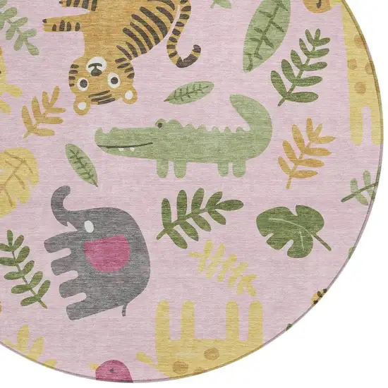 8' Pink And Ivory Round Abstract Washable Indoor Outdoor Area Rug Photo 2