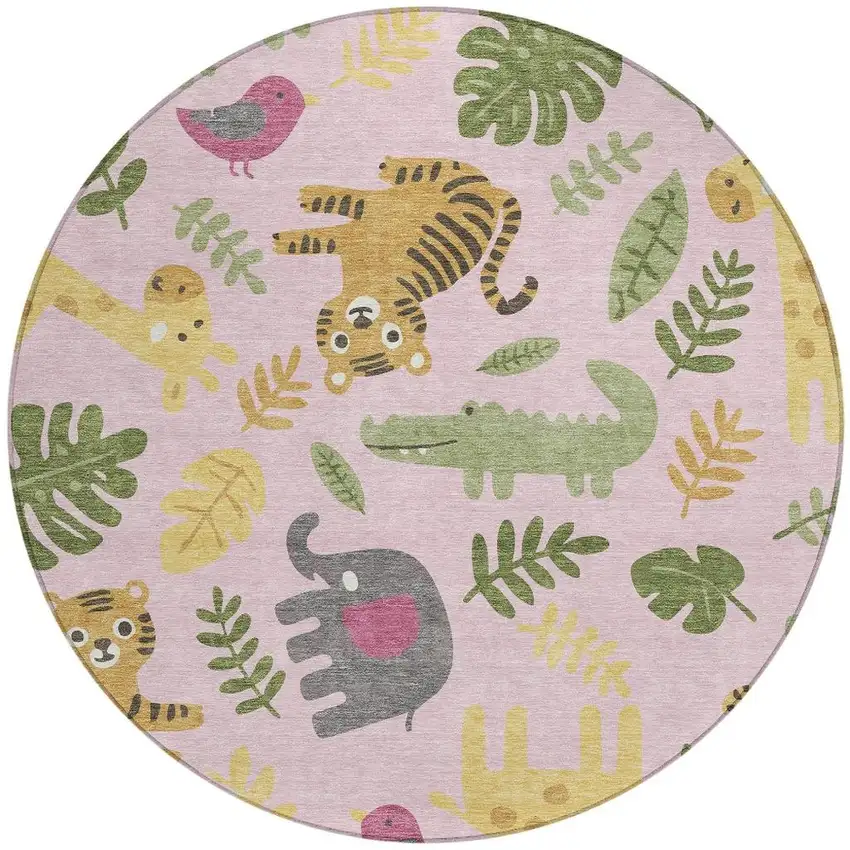 8' Pink And Ivory Round Abstract Washable Indoor Outdoor Area Rug Photo 3