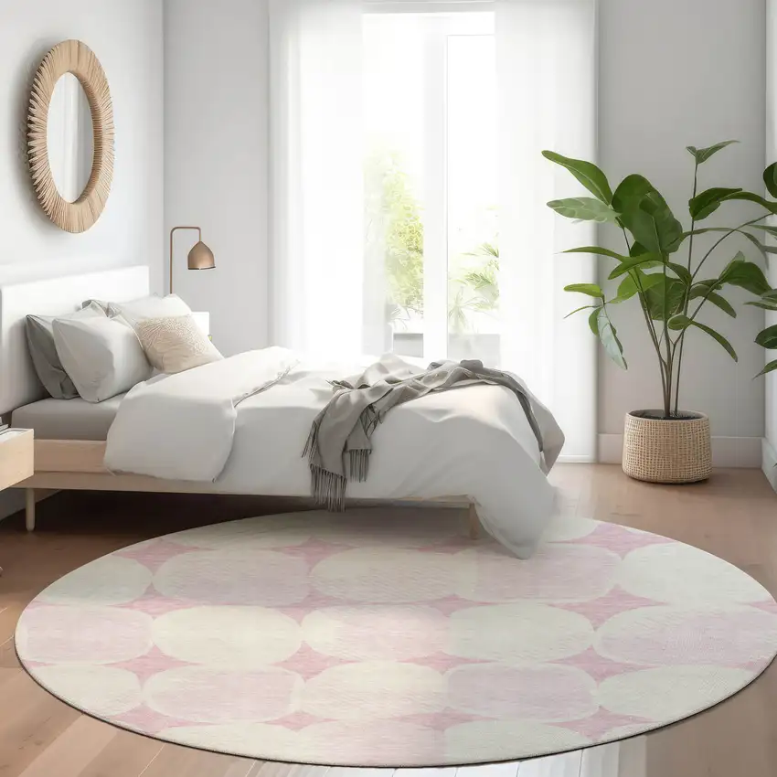 8' Pink And Ivory Round Abstract Washable Indoor Outdoor Area Rug Photo 7