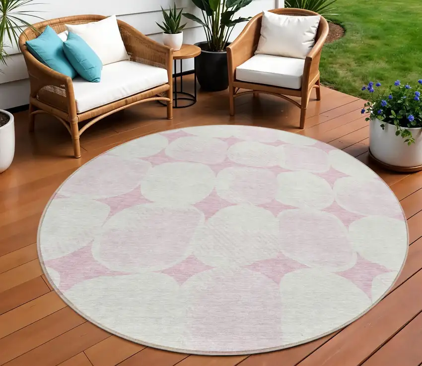 8' Pink And Ivory Round Abstract Washable Indoor Outdoor Area Rug Photo 1