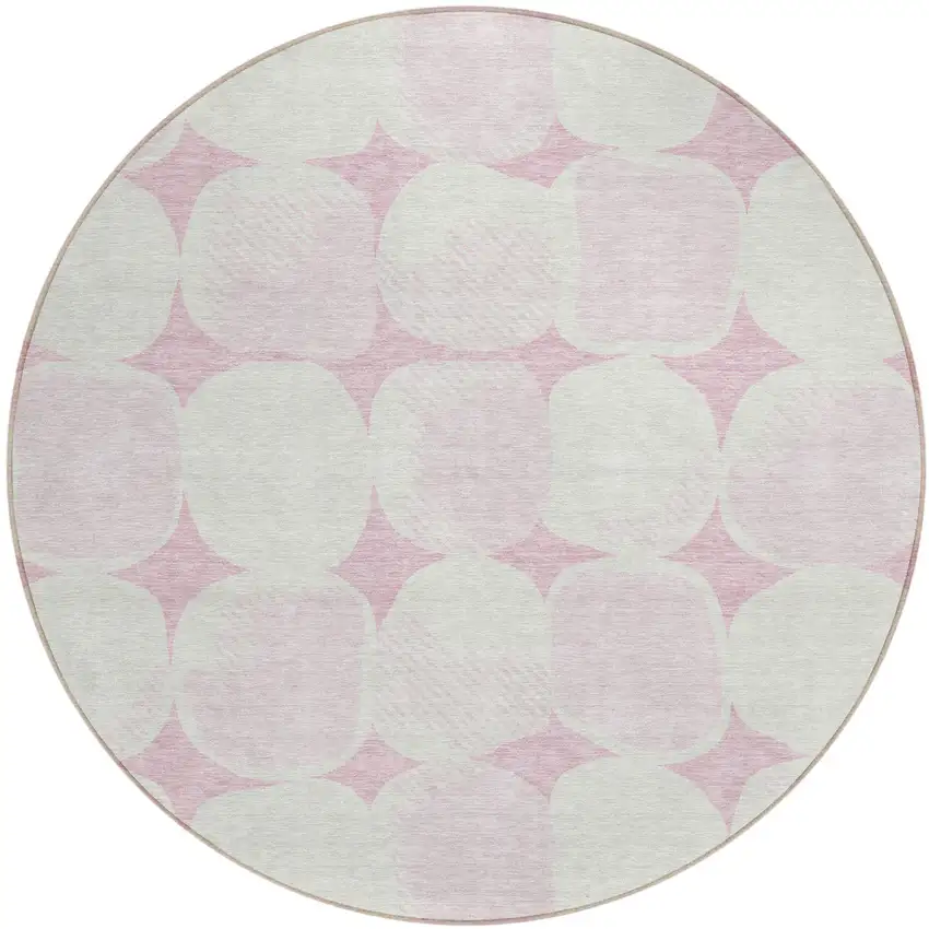 8' Pink And Ivory Round Abstract Washable Indoor Outdoor Area Rug Photo 2