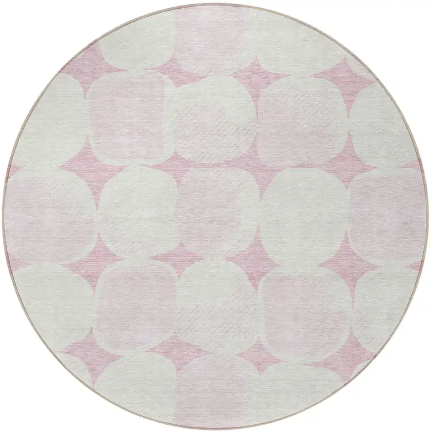8' Pink And Ivory Round Abstract Washable Indoor Outdoor Area Rug Photo 5