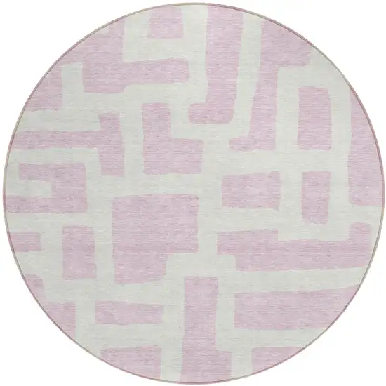 8' Pink And Ivory Round Abstract Washable Indoor Outdoor Area Rug Photo 2